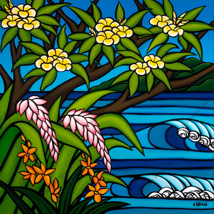 Tropical Hawaii - Pink Ginger, Yellow Plumeria and beautiful Heliconia flowers frame a surfer"„¢s paradise by Hawaii surf artist Heather Brown