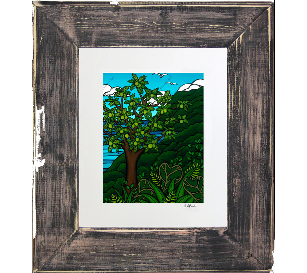 Ulu Tree - Matted Print on Paper with Classic Dark Grey, Reclaimed Wood Frame by Hawaii surf artist Heather Brown