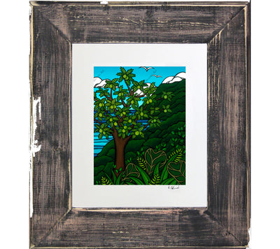 Ulu Tree - Matted Print on Paper with Classic Dark Grey, Reclaimed Wood Frame by Hawaii surf artist Heather Brown