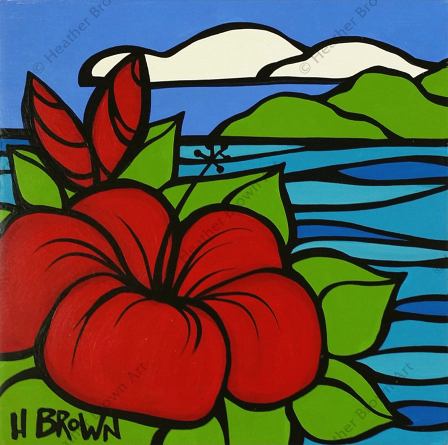 Heather Brown- Untitled #2339 Red Hibiscus Original Acrylic Painting