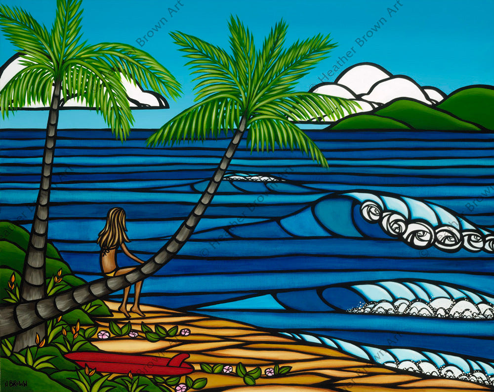 Wahine He'e Nalu - A Hawaii Beach scene with a girl going surfing by Hawaii surf artist Heather Brown