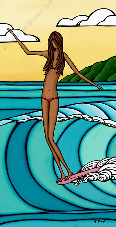 Wahine - Painting featuring a surfer girl catching an epic Hawaiian wave by tropical artist Heather Brown