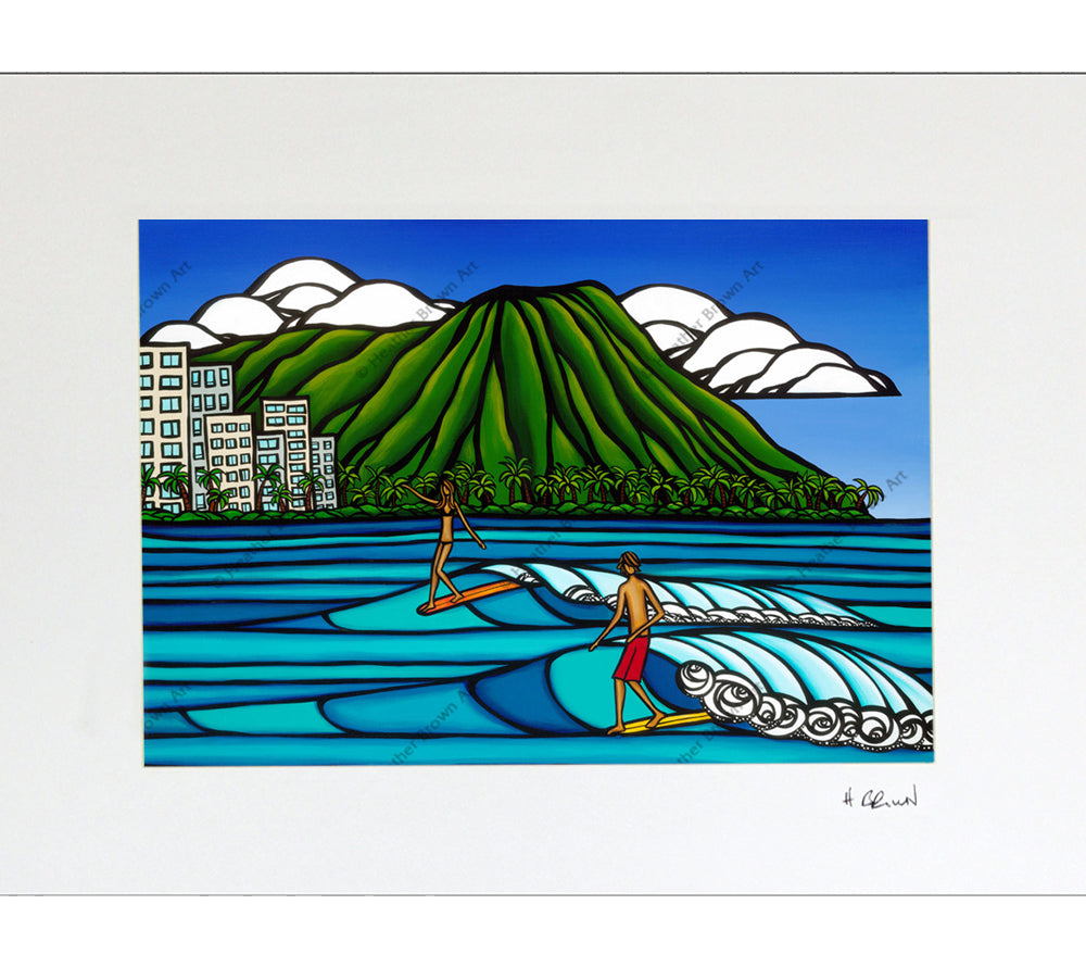 Waikiki Logging - Matted Prints on Paper (Mat Only) by Hawaii surf artist Heather Brown