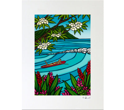 Matted print featuring a Waikiki Surf Girl painted by Heather Brown