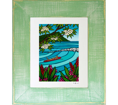 Framed and matted Hawaii Artwork by Heather Brown of a surfer girl