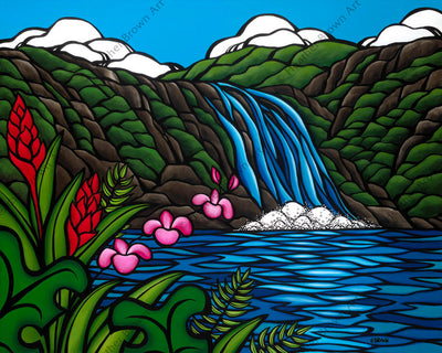 Painting of beautiful Waimea Falls by Hawaii artist Heather Brown