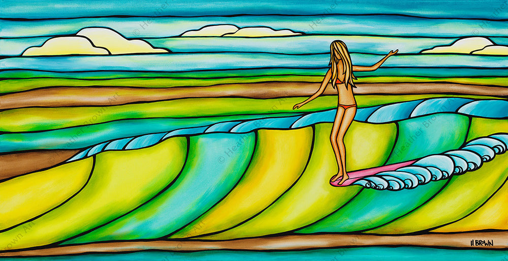 Weekend Slide - Painting featuring a surfer girl catching an epic, colorful wave by tropical artist Heather Brown