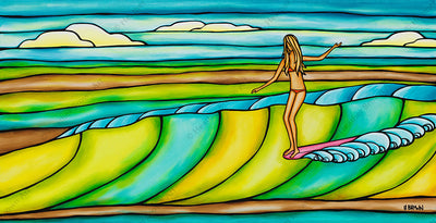 Weekend Slide - Giclée print on canvas featuring a surfer girl catching an epic, colorful wave by Oahu tropical artist Heather Brown