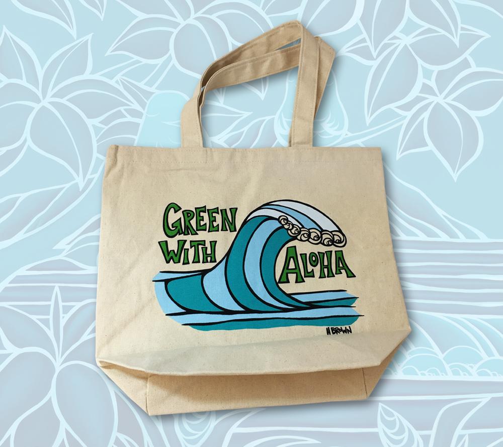 Green with Aloha Wave tote bag by Heather Brown Art