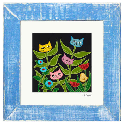 Heather Brown Kitty Blossom Matted Print Classic Blue Frame