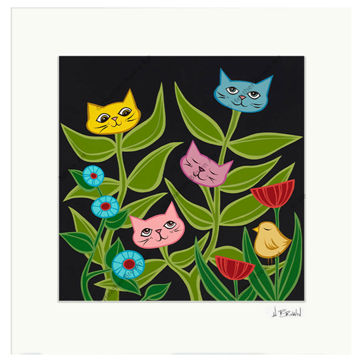 Heather Brown Kitty Blossom Matted Print