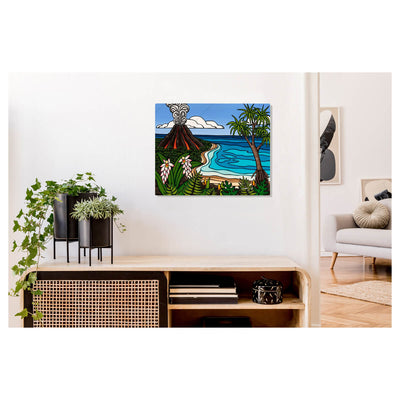 A metal art print featuring a volcano erupting in the distance on a tropical Hawaiian island by Hawaii surf artist Heather Brown