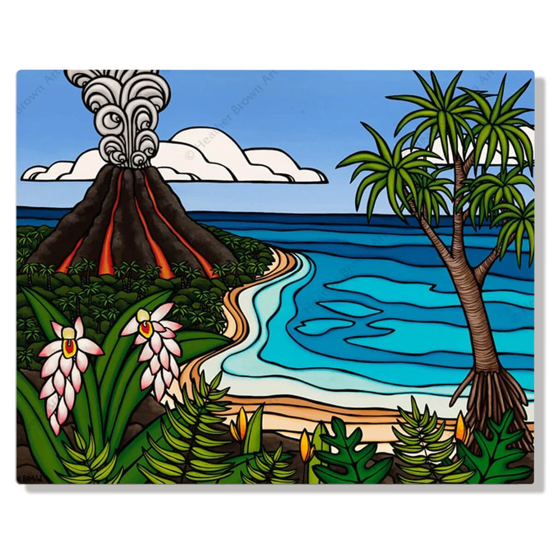 A metal art print featuring a volcano erupting in the distance on a tropical Hawaiian island by Hawaii surf artist Heather Brown