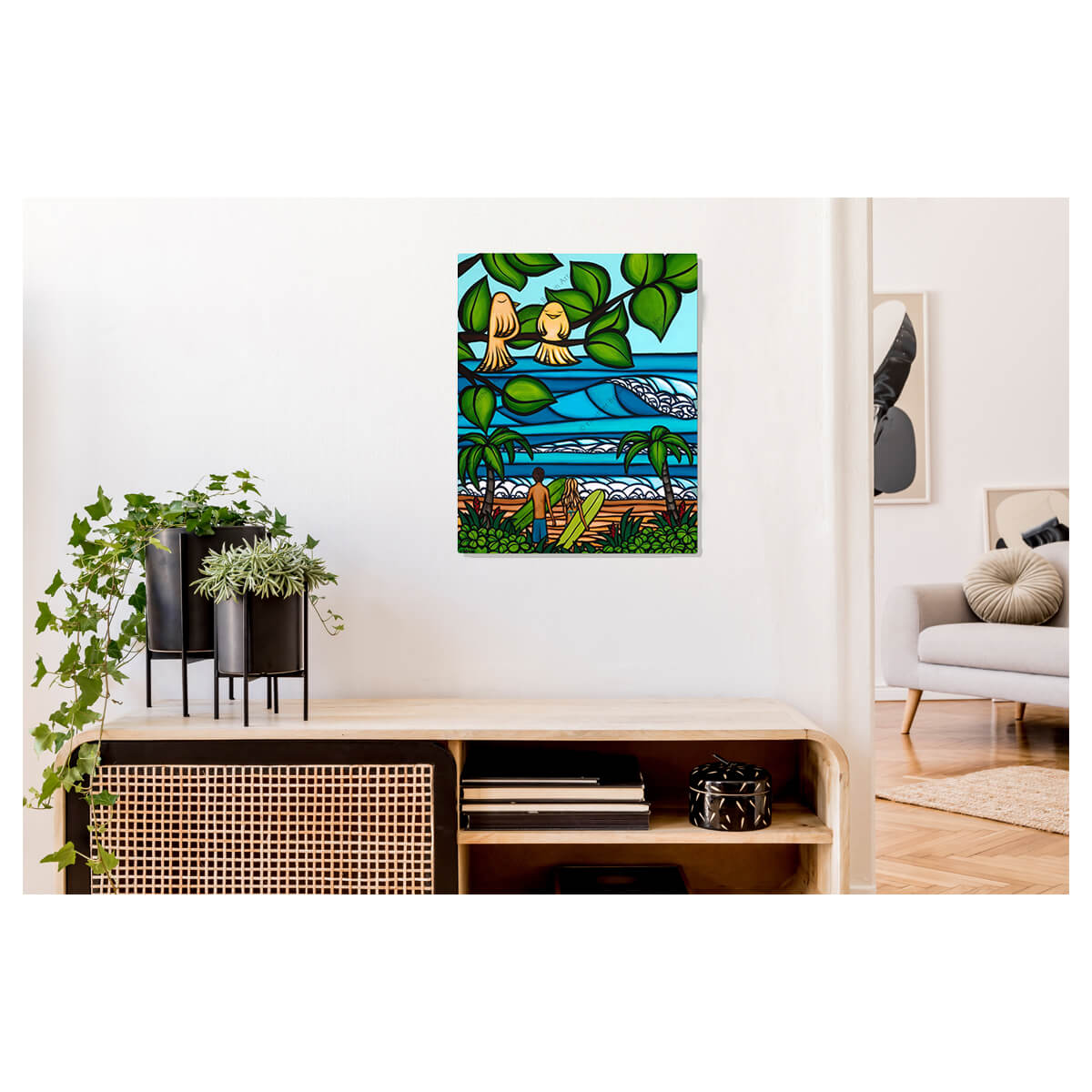 A metal art print featuring Hawaiian birds rest happily, while surfers admire the waves by Hawaii surf artist Heather Brown