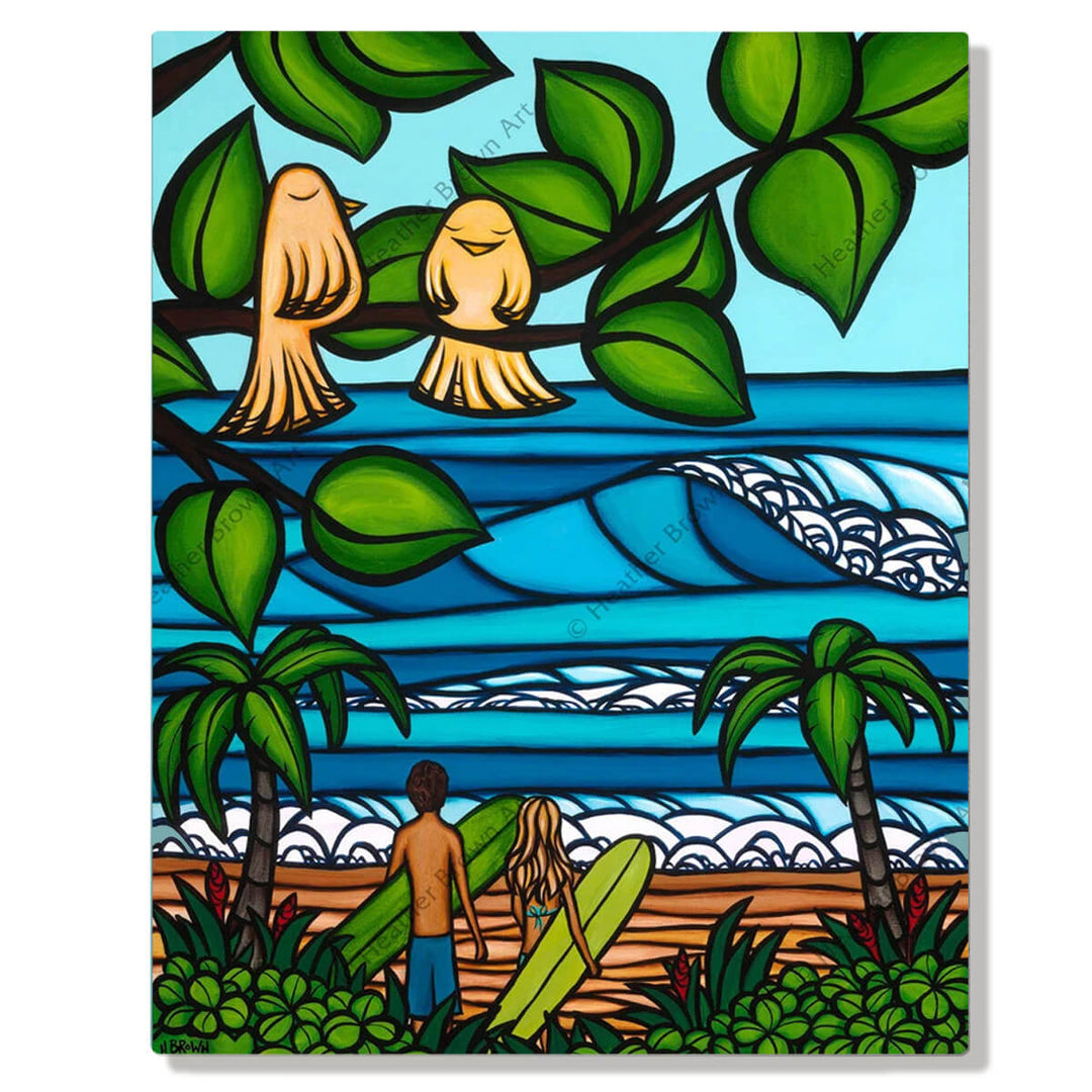 A metal art print featuring Hawaiian birds rest happily, while surfers admire the waves by Hawaii surf artist Heather Brown