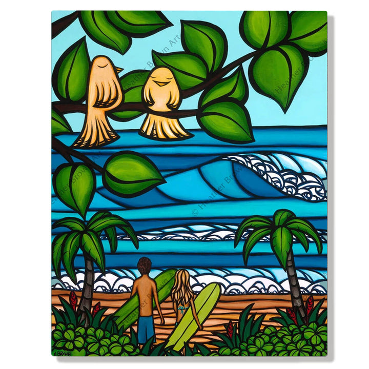 A metal art print featuring Hawaiian birds rest happily, while surfers admire the waves by Hawaii surf artist Heather Brown
