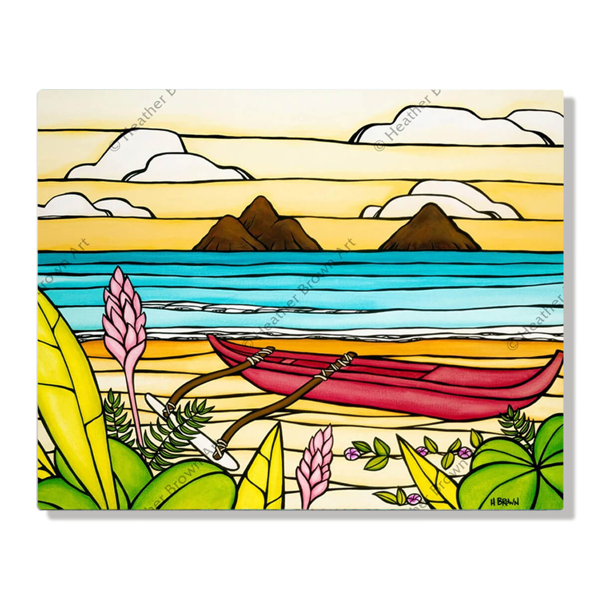 A metal art print featuring a beautiful summer day at the Mokes at Lanikai Beach by Hawaii surf artist Heather Brown