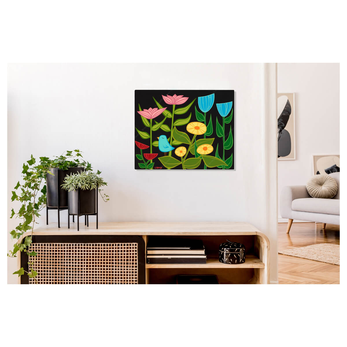 A metal art print featuring a vibrant collection of tropical flora and a single bluebird against a black night sky by Hawaii surf artist Heather Brown