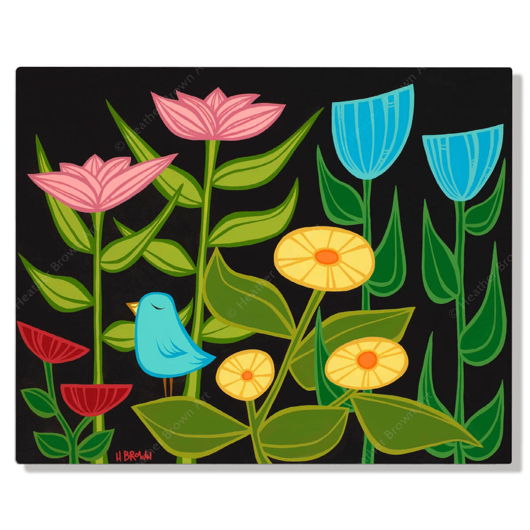 A metal art print featuring a vibrant collection of tropical flora and a single bluebird against a black night sky by Hawaii surf artist Heather Brown