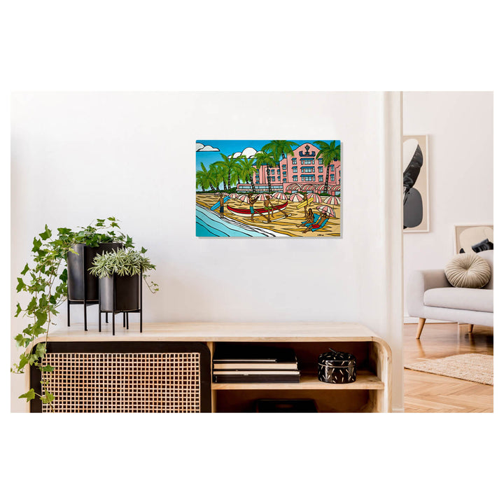 A metal art print featuring the iconic Royal Hawaiian Hotel in Waikiki by Hawaii surf artist Heather Brown