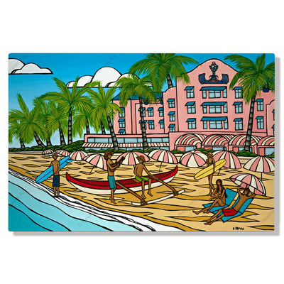 A metal art print featuring the iconic Royal Hawaiian Hotel in Waikiki by Hawaii surf artist Heather Brown