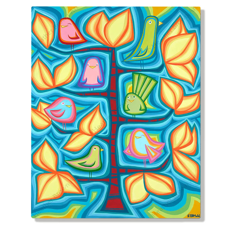 A metal art print featuring friendly birds hanging out together in a colorful tree by Hawaii surf artist Heather Brown