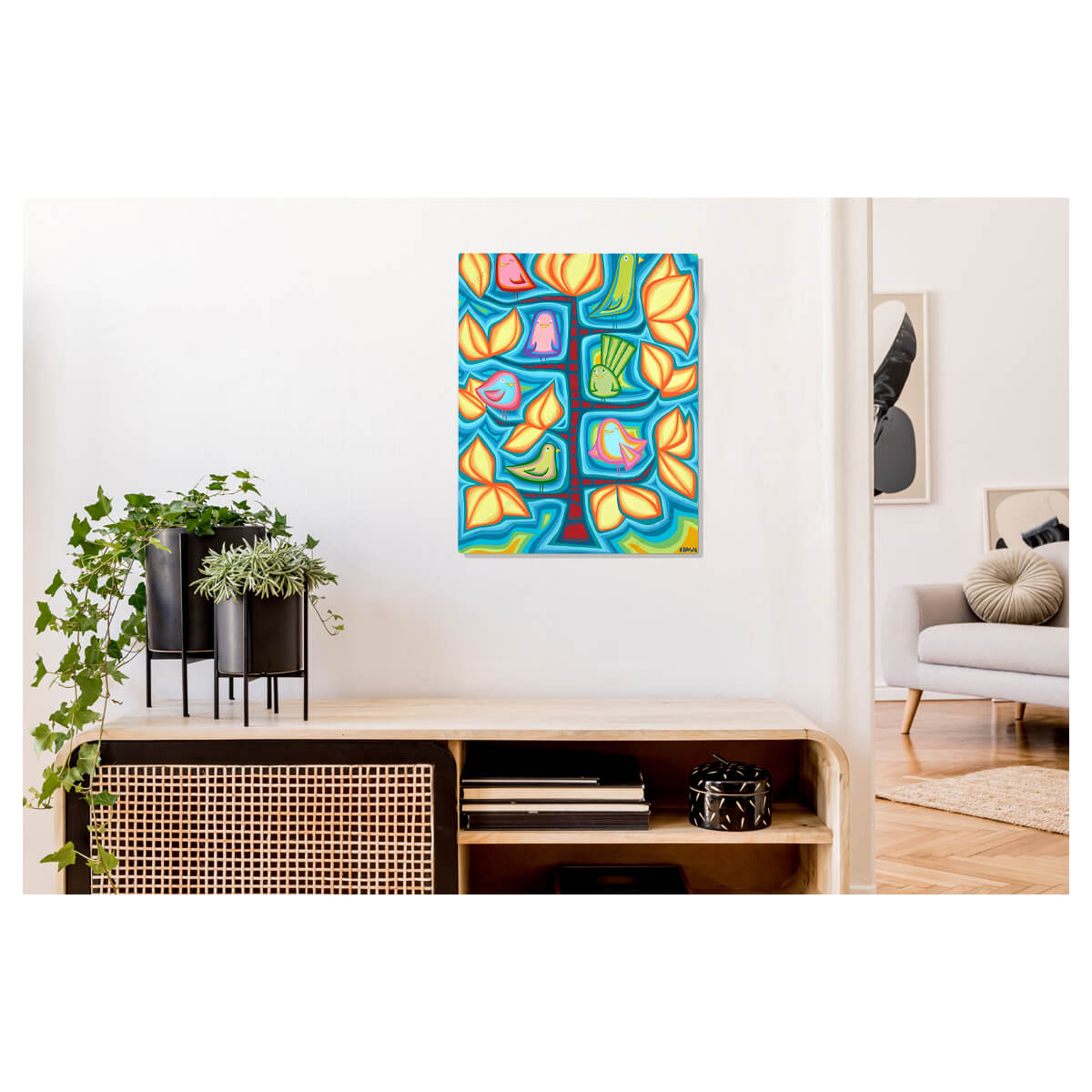 A metal art print featuring friendly birds hanging out together in a colorful tree by Hawaii surf artist Heather Brown