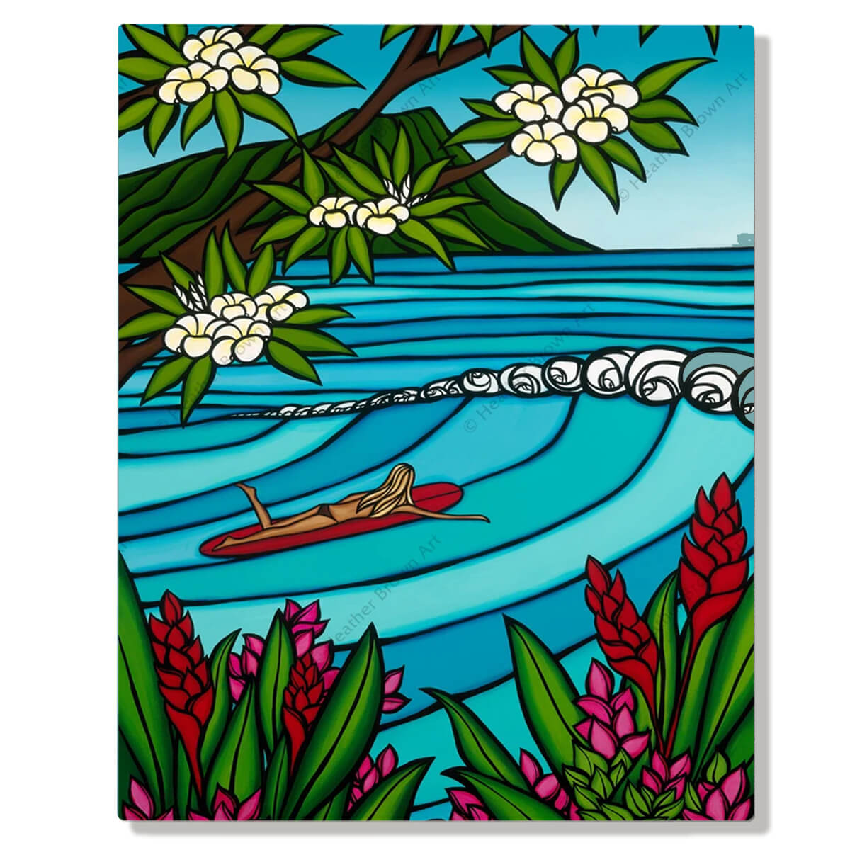 A metal art print featuring tropical flowers, Diamond Head landscape, and a surfer girl is heading out on the gorgeous blue Waikiki Beach waves by Hawaii artist Heather Brown