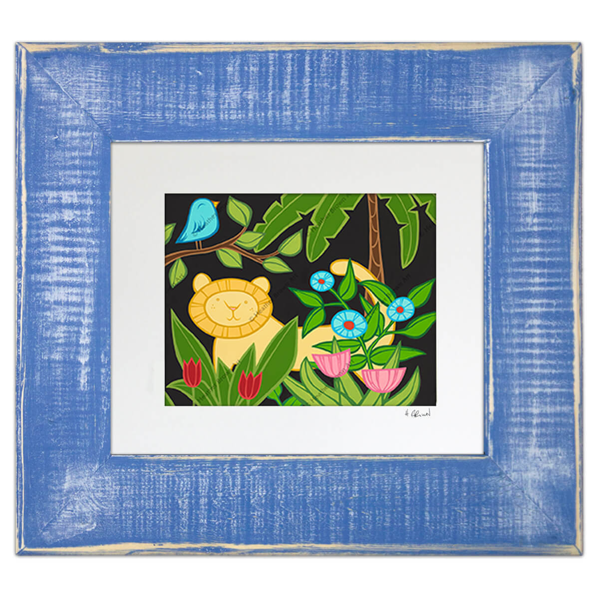 Heather Brown Tropical Lion Matted Print Classic Blue Frame