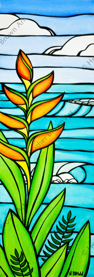 Heliconia Daydream by Hawaii artist Heather Brown. This painting depicts a beautiful view the ocean framed by some Heliconias flowers.