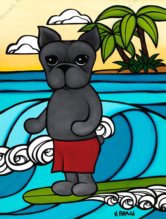 Henry Goes Surfing - Matted Print featuring one of Heather's favorite dogs, an adorable French Bulldog surfing of the shores of Hawaii by tropical artist Heather Brown