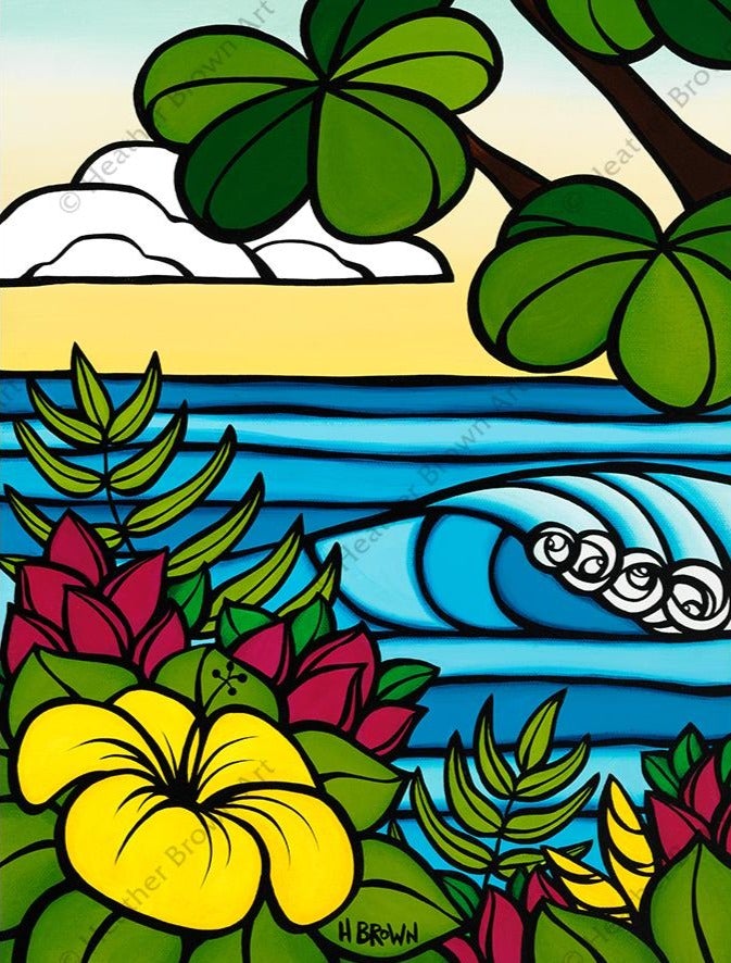 Hibiscus Breeze - Painting of a rolling Hawaiian wave framed by beautiful hibiscus flowers by tropical artist Heather Brown
