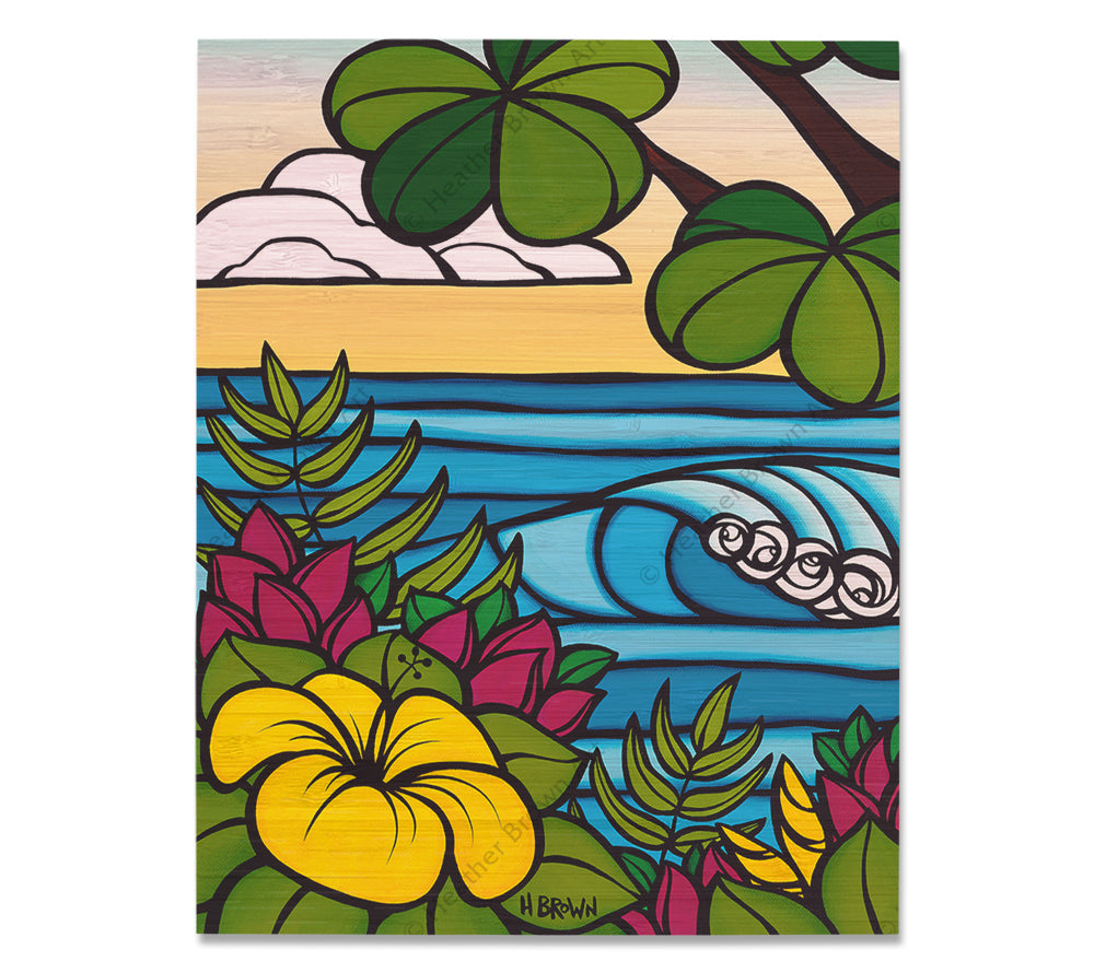 Hibiscus Breeze - Bamboo wood print of a view of rolling waves framed by Hibiscus flowers by tropical artist Heather Brown