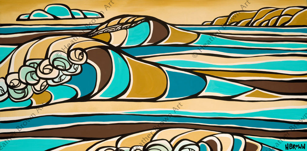 High Tide - Painting of a vibrant seascape with waves crashing towards the shore by tropical artist Heather Brown