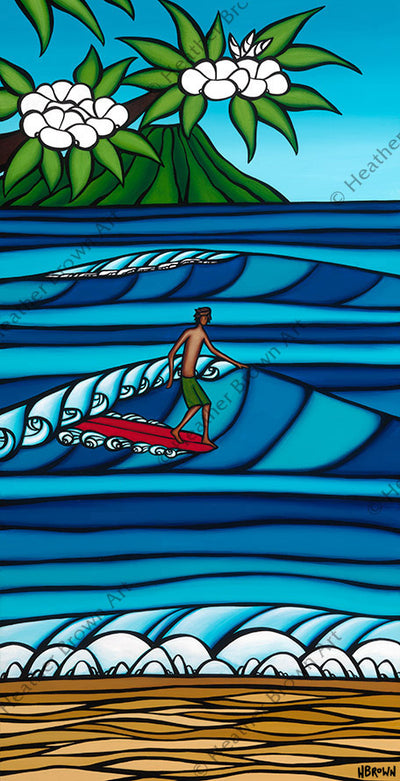 Honolulu Surf - Painting of a surfer riding some epic waves off the shores of Honolulu, Hawaii by tropical artist Heather Brown