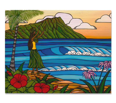 Hula Girl - Bamboo wood print of a hula girl dancing on the beach in front of Diamond Head Crater by tropical artist Heather Brown