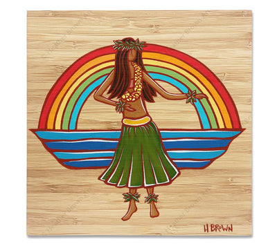 Hula - Bamboo wood print of a woman dancing the hula framed by a classic Hawaiian rainbow by tropical artist Heather Brown