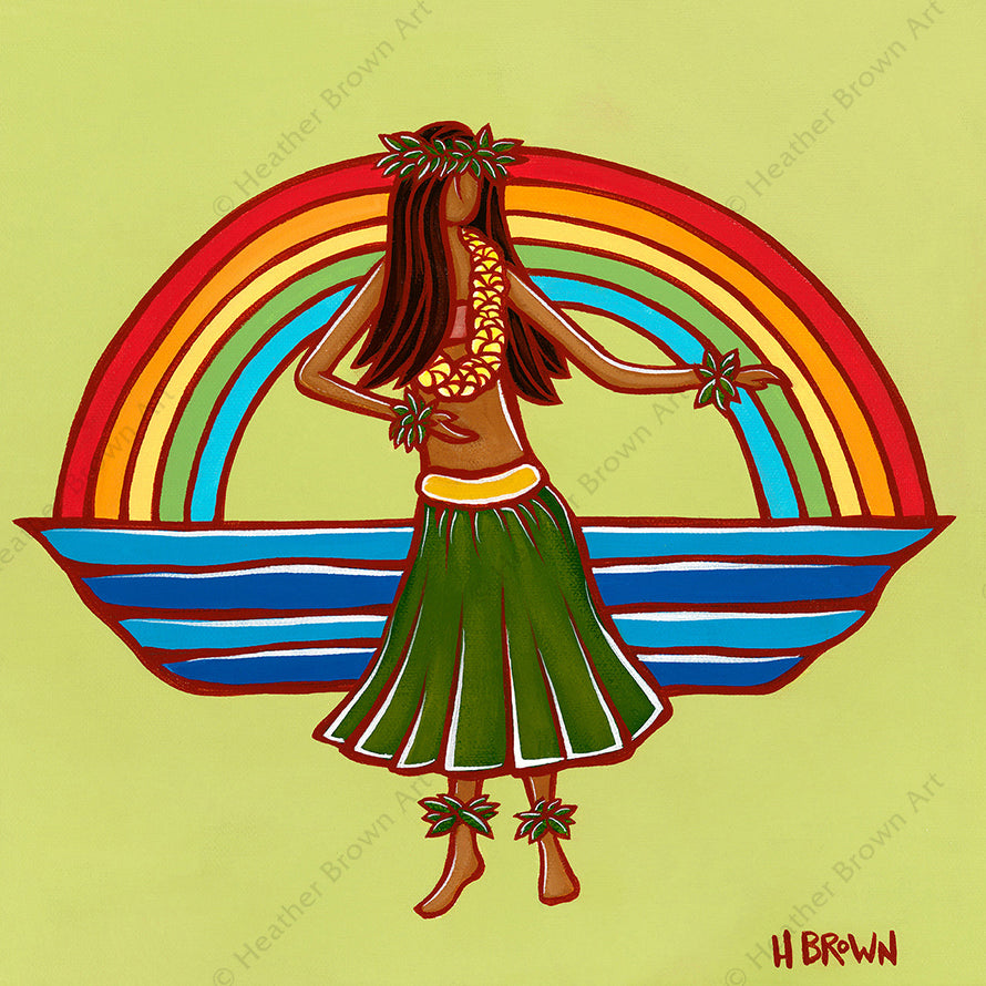 "Hula", featuring a woman dancing the hula framed by a classic Hawaiian rainbow, is one of North Shore Oahu tropical artist Heather Brown's new Hawaiiana Elements Series of paintings.