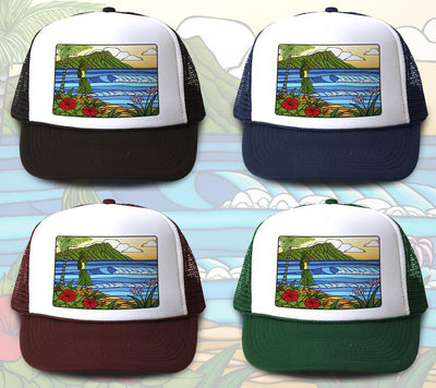 "Hula Girl" Trucker Hat is available in four hat colors