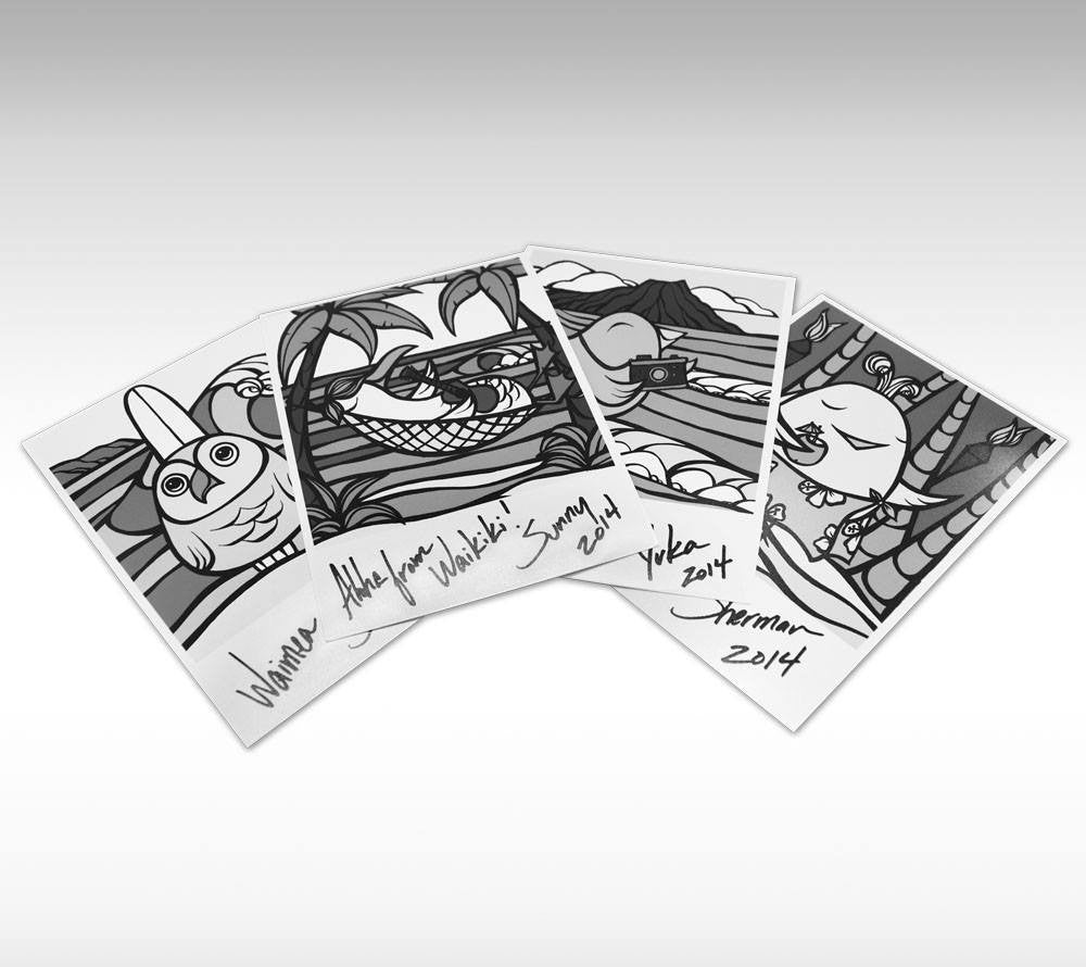 Polaroid pictures of the bird party band members