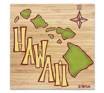 Island Map - Bamboo wood print of an aerial view of the Hawaiian Islands by tropical artist Heather Brown