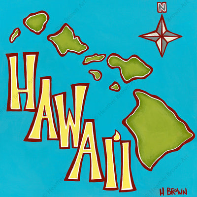 Island Map - Matted print from the "Hawaiiana Elements Series" by North Shore Oahu Tropical Artist Heather Brown featuring an aerial view of the Hawaiian Islands.