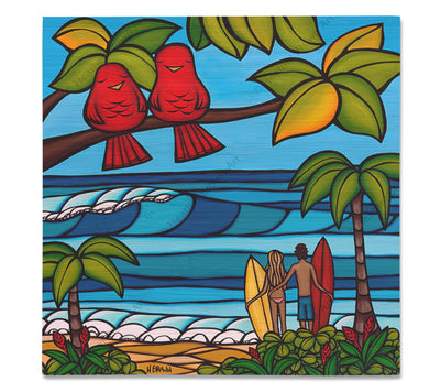 Island Sweethearts - Bamboo wood print of two loving couples, a surfer guy and gal out for a romantic day of sun and sea, and a pair of adorable birds also enjoying the beautiful scenery of Hawaii by tropical artist Heather Brown