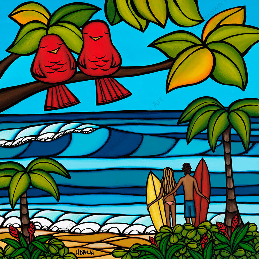 Heather Brown's tropical painting "Island Sweethearts" features two loving couples, a surfer guy and gal out for a romantic day of sun and sea, and a pair of adorable birds also enjoying the beautiful tropical scenery of Hawaii.