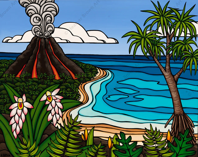 Island Volcano - Painting by Heather Brown featuring a volcano erupting in the distance on a tropical Hawaiian island.