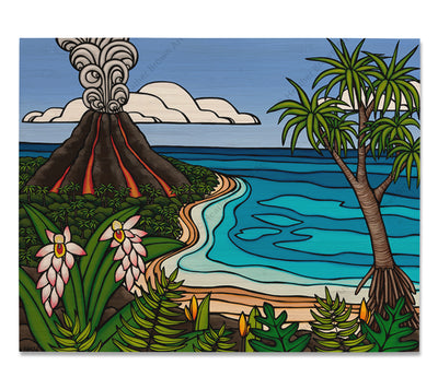 Island Volcano - Bamboo wood print of a volcano erupting in the distance on a Hawaiian island by tropical artist Heather Brown