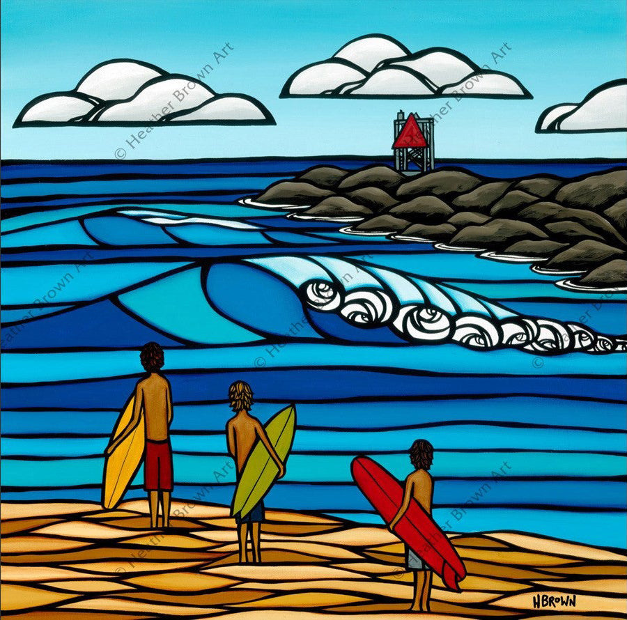 Jetty Surf painting by Heather Brown shows three surfer boys about to hit the surf.