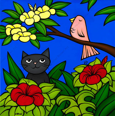 Jungle Kitty - Matted print of a black cat and pink bird enjoying a beautiful day in the jungles of Hawaii by Heather Brown
