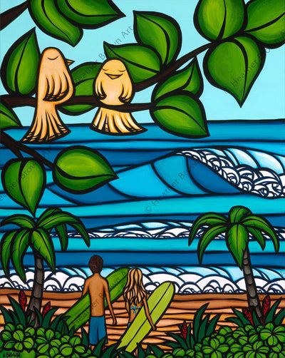 Two pairs of love birds enjoy the lush tropical atmosphere in this painting by surf artist Heather Brown