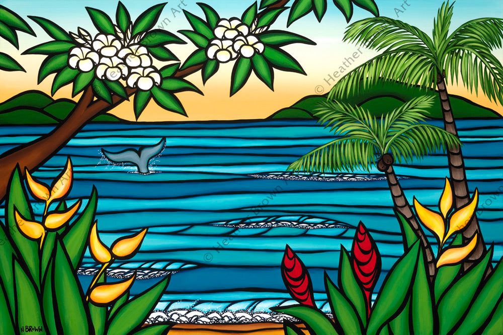 In this Hawaii art by Heather Brown, the tail of a whale disappears beneath the surface of a tranquil bay